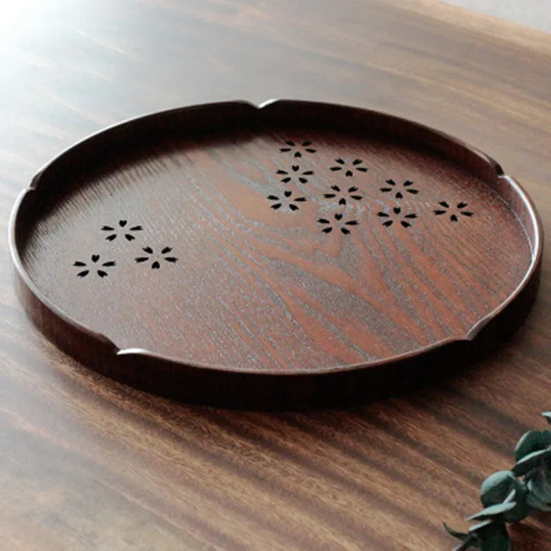 Wooden dessert plate with hollow cherry blossom design, 30 cm diameter, shallow profile