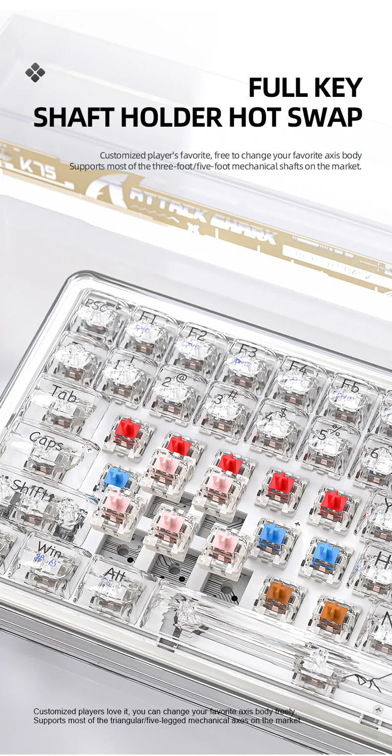 Attack Shark K75 RGB wireless mechanical keyboard with transparent case and RGB lighting