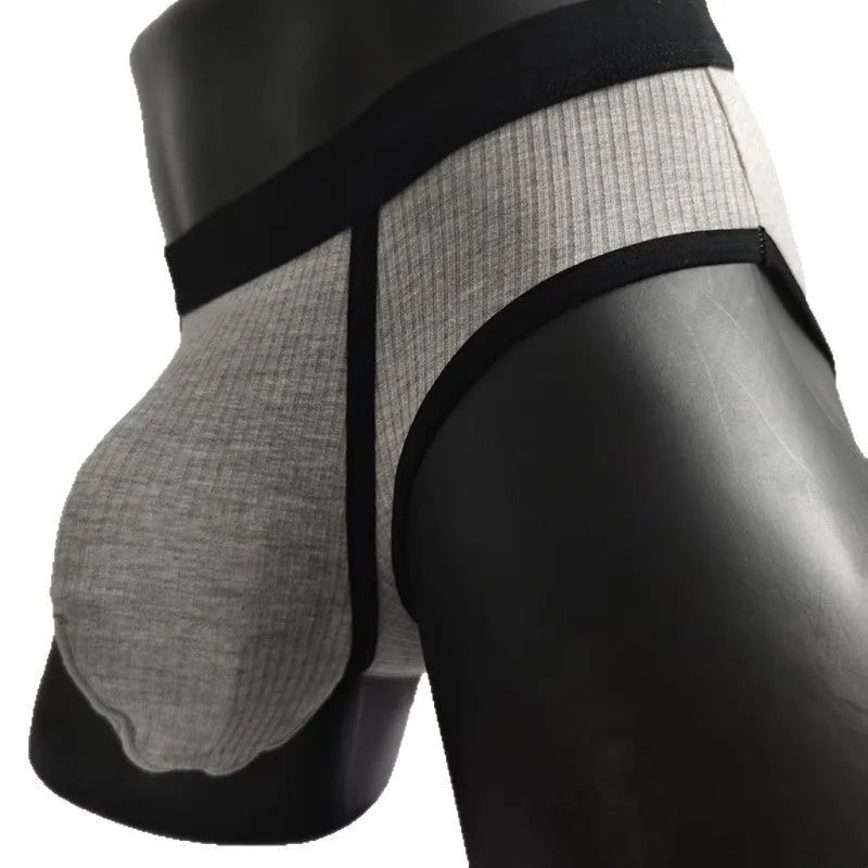 Men's black U-shaped underwear with triangle pouch design showing knitted viscose fabric texture