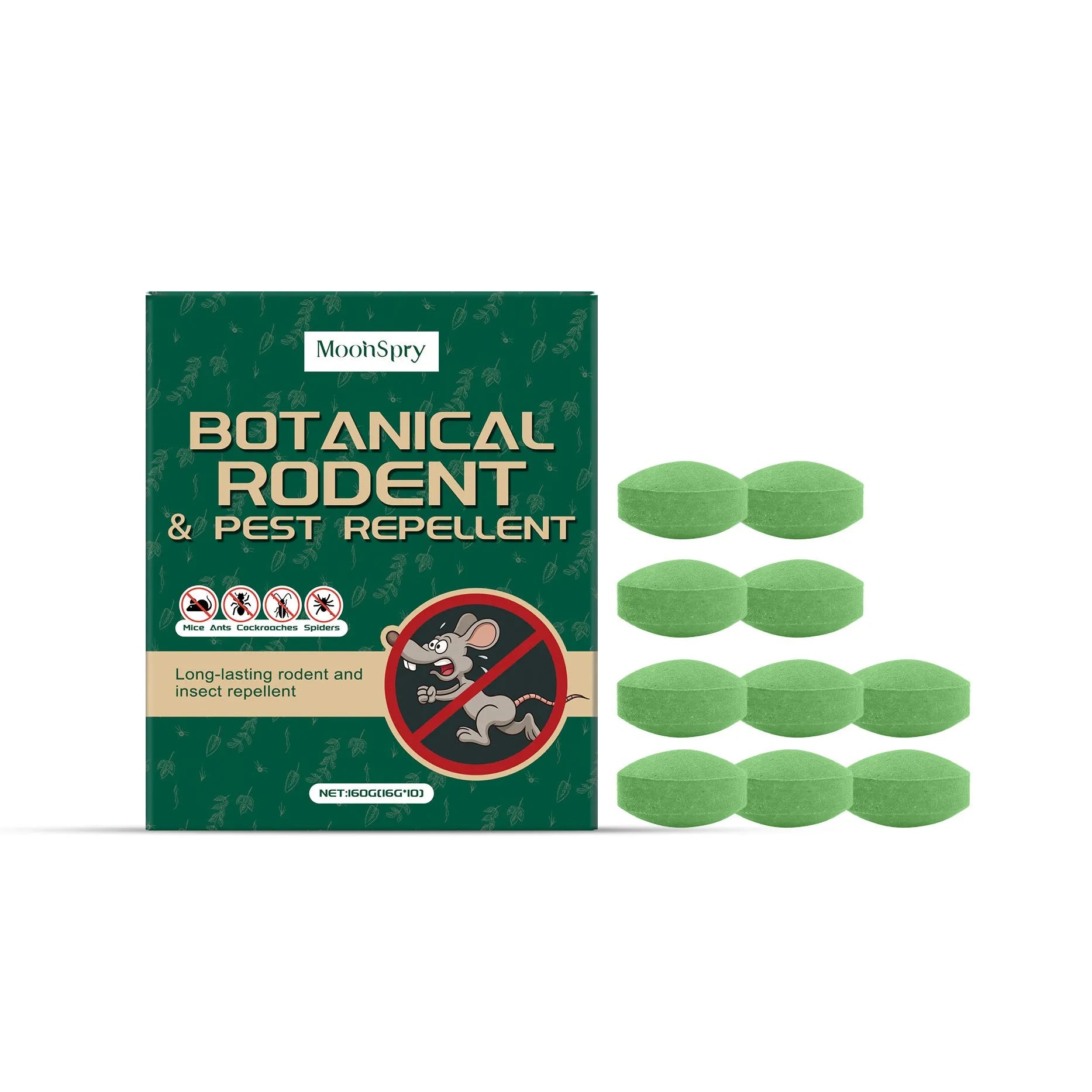 Ten 16G anti-mouse repellent pills and three white mesh bags on a blue background.