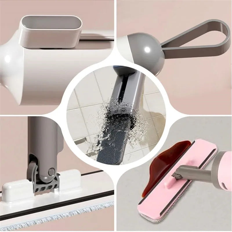 Rotatable self-squeeze mini flat mop with crevice brush and pink microfiber pad, shown extended to 19.3 inches.