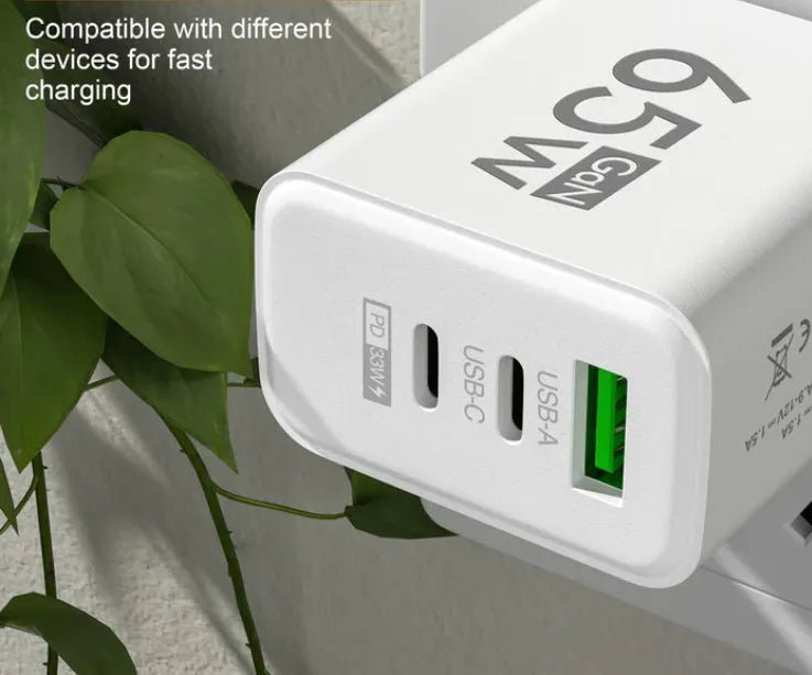 65W white frosted square multi-port charger with 1 USB and 2 PD ports on a white background