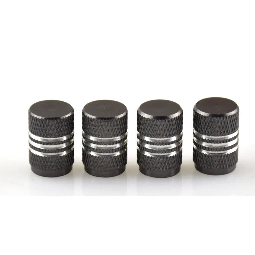 Set of stainless steel car tyre valve caps in assorted colours: black, red, blue, gold, silver, green, purple, sky blue, grey, orange.
