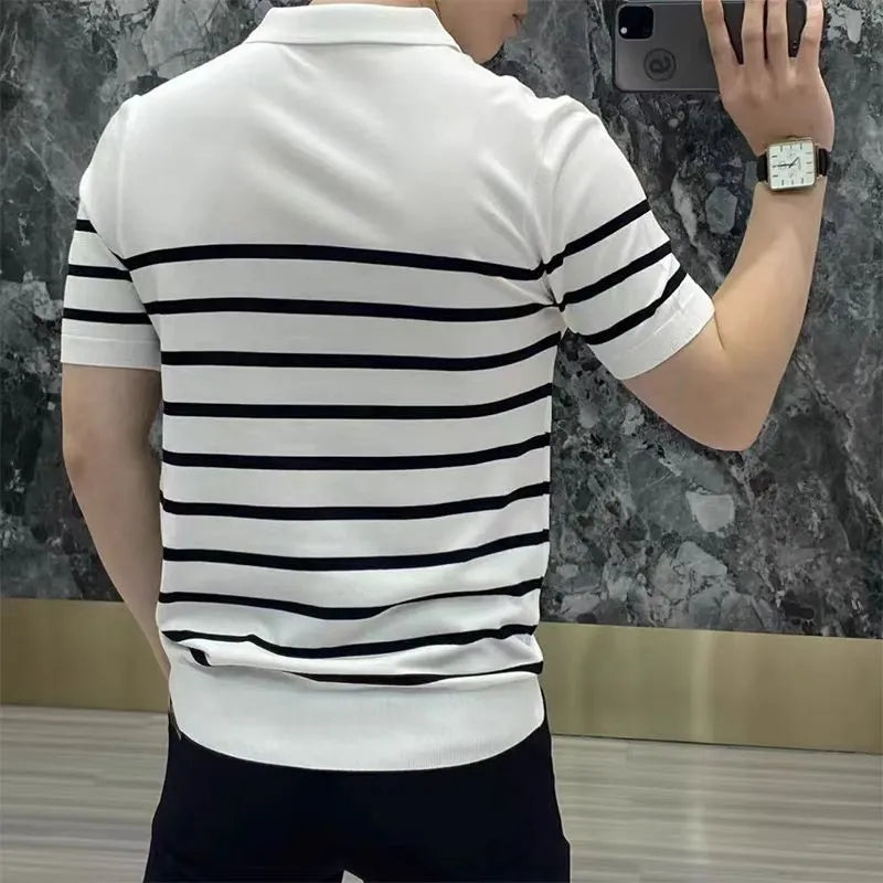 Striped lapel knitted T-shirt in polyester blend available in black or white colours