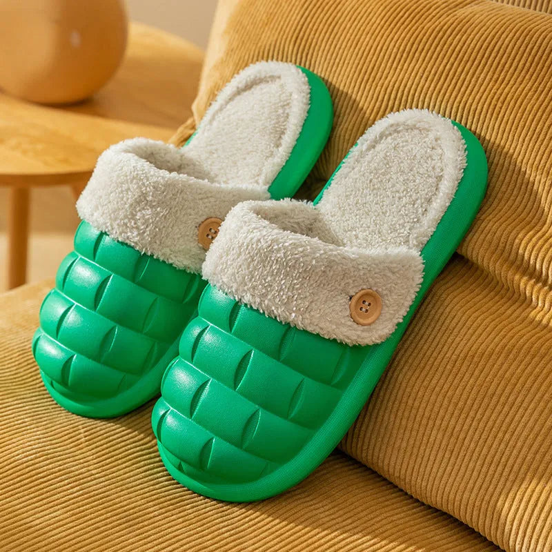 Plaid detachable slippers for women with plush lining and EVA sole in pink, shown on a wooden floor.