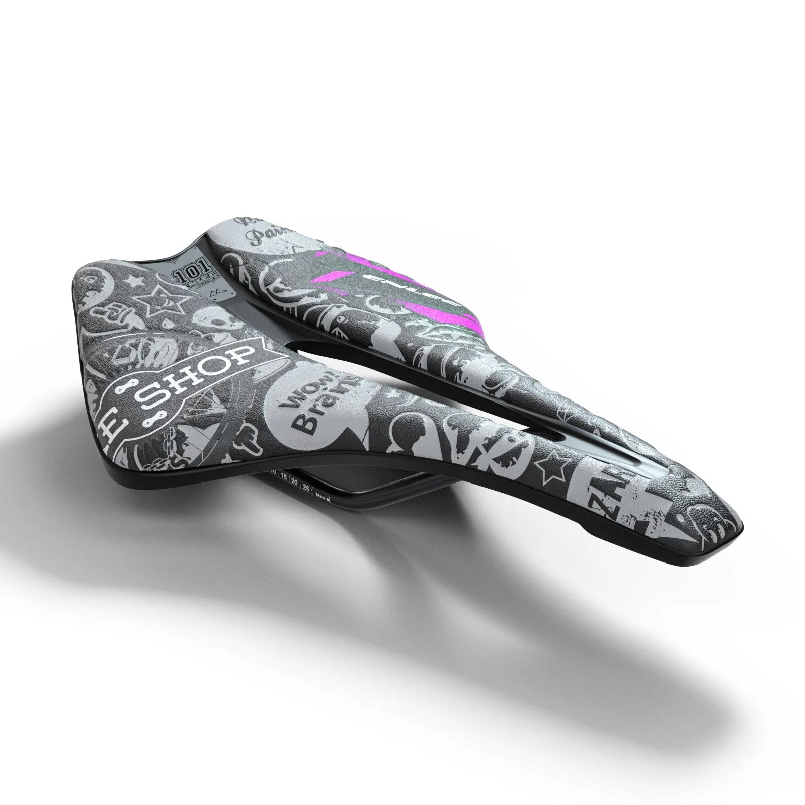 Ultra-light EVA cushion bike saddle with hollow design in PU leather, shown in multiple colour options.