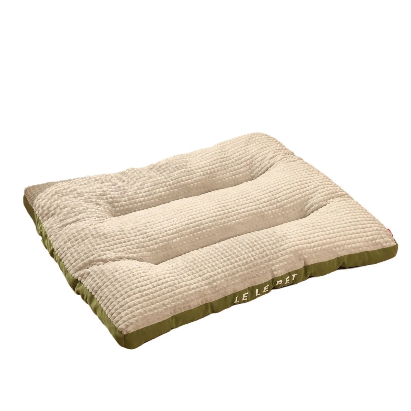 Dog bed with a soft fleece blanket on a cushion mat, shown in green and coffee colour options.