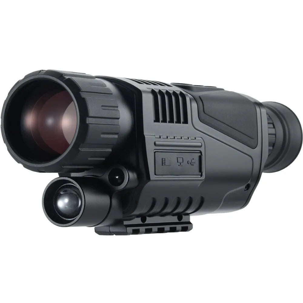 Black infrared digital night vision telescope with rubber grip, shown with storage bag and cables.