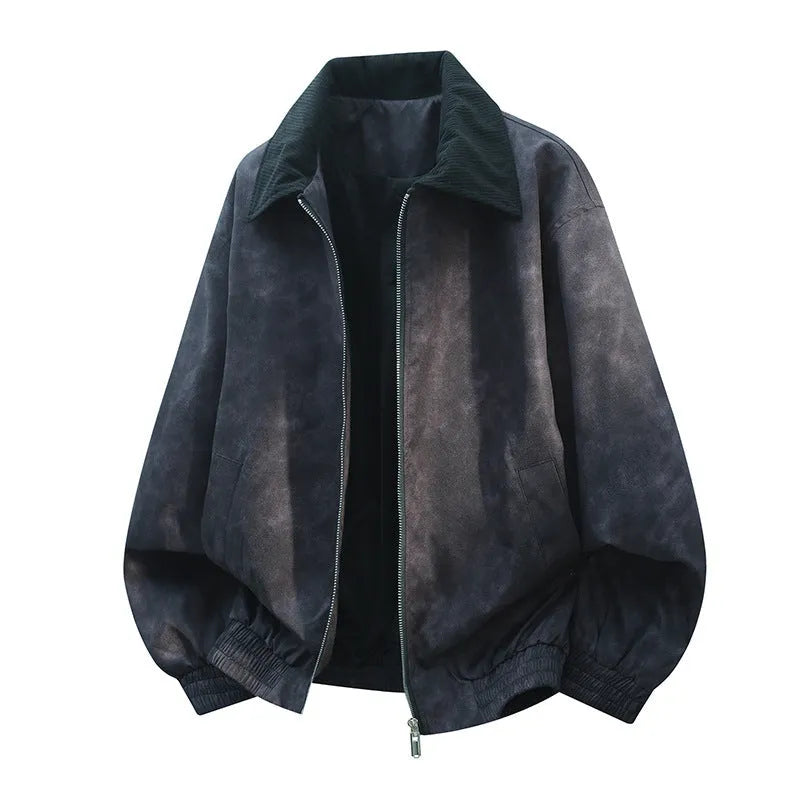 Men's stitching lapel casual jacket in Lycra fabric showing side seam pockets and straight hem design
