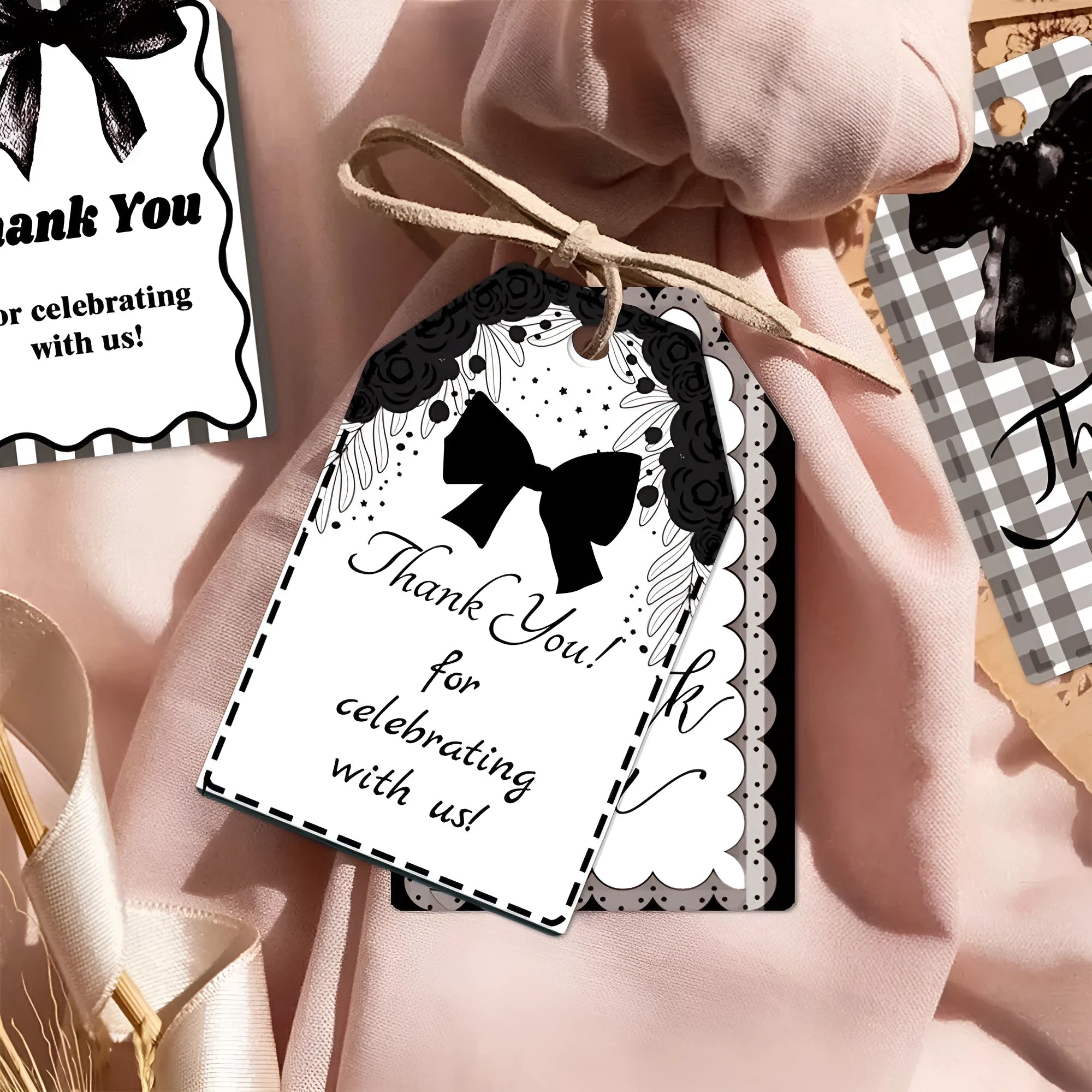 Three style variations of creative bowknot gift label tags with hemp rope attachments
