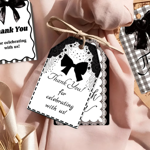 Three style variations of creative bowknot gift label tags with hemp rope attachments