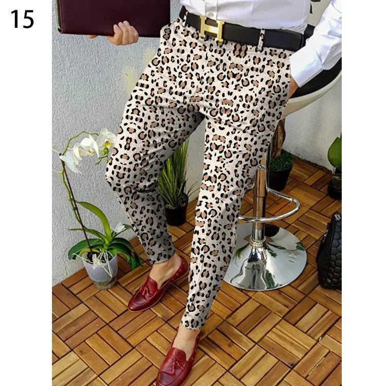 Men's slim-fit straight-leg trousers with a grey and black 3D printed plaid pattern.