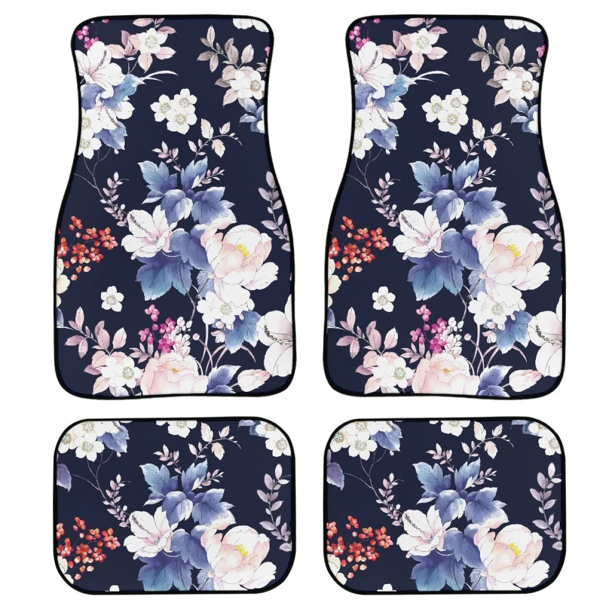 Black rubber car floor mat set with waterproof lining, four-piece suit for vehicle footwells.