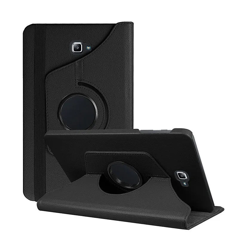 Rotating leather tablet case in clamshell design showing T-series compatibility and multiple colour options
