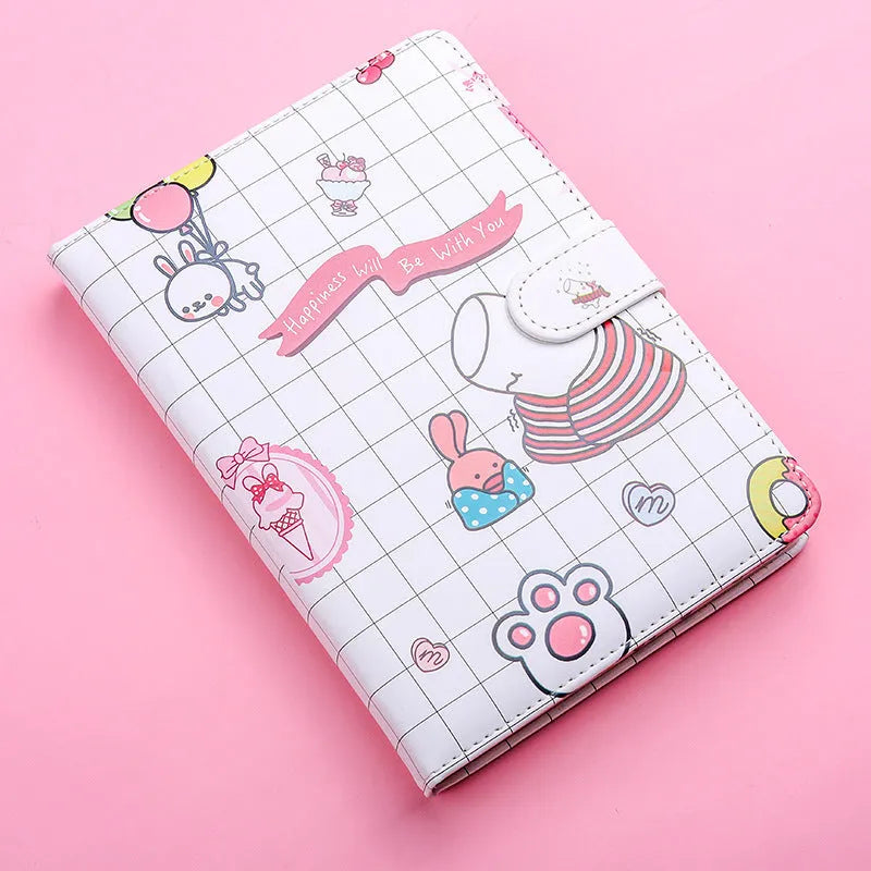 Small white Kaba Bear Hippo notebook with magnetic buckle, showing PU leather cover and compact 135mm x 185mm size.