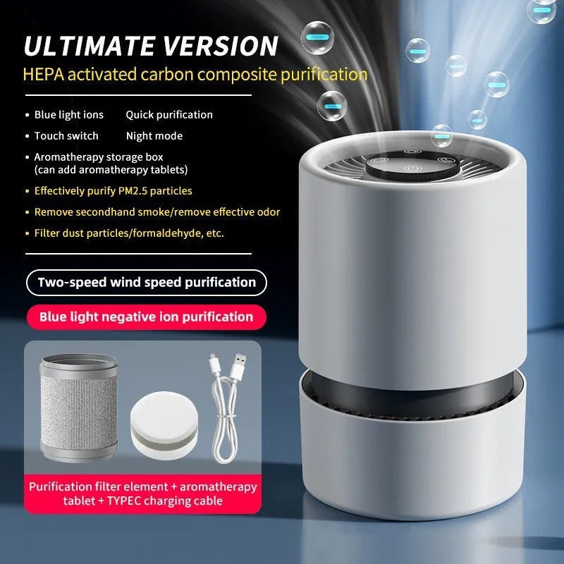 White desktop air purifier with USB cable for small room formaldehyde and odour removal