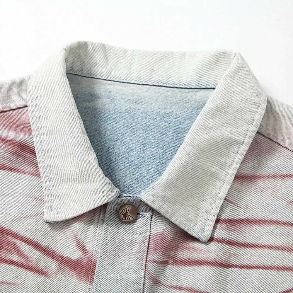 Blue inkjet tie-dyed cotton denim loose jacket for men, long sleeves, straight hem, casual wear