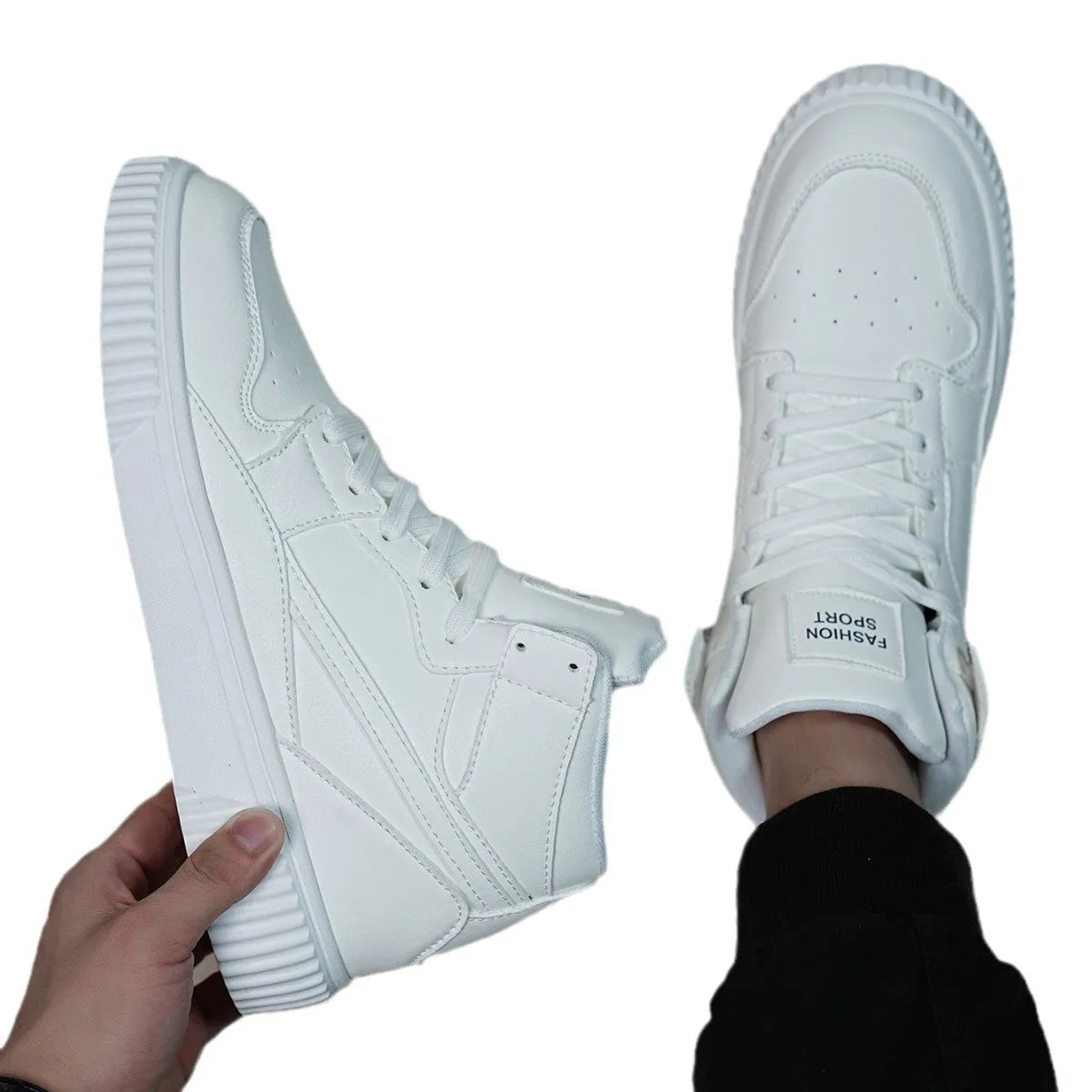 White men's casual shoes with round toe and microfiber upper for autumn and winter.