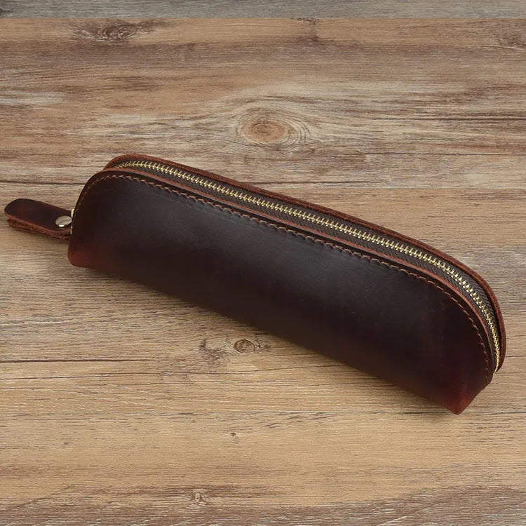 Handmade genuine cowhide leather square pencil case measuring 18cm with zipper closure in solid colour
