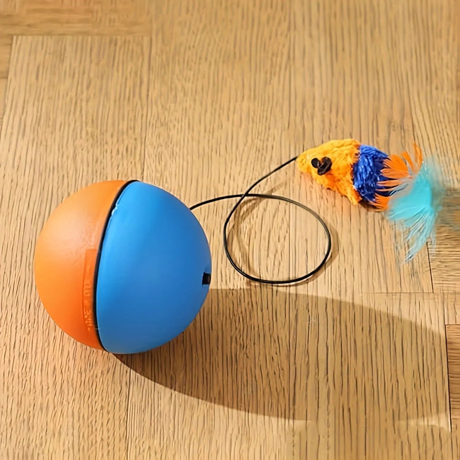 Interactive blue and orange cat toy with plush mouse and ball elements for feline exercise