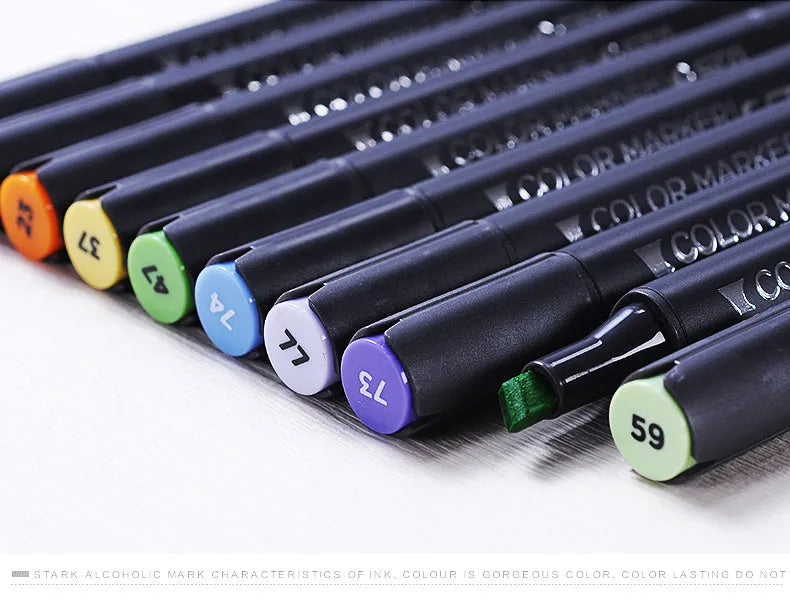 Set of double-headed alcohol oily colour markers with round and inclined nibs for professional art and design work.