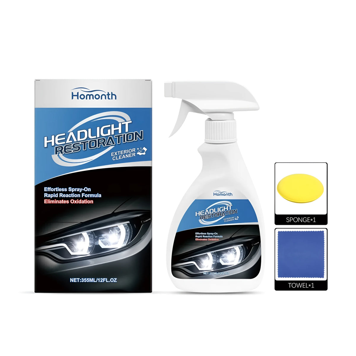 Headlight restoration spray 355ml with sponge and towel on car headlight