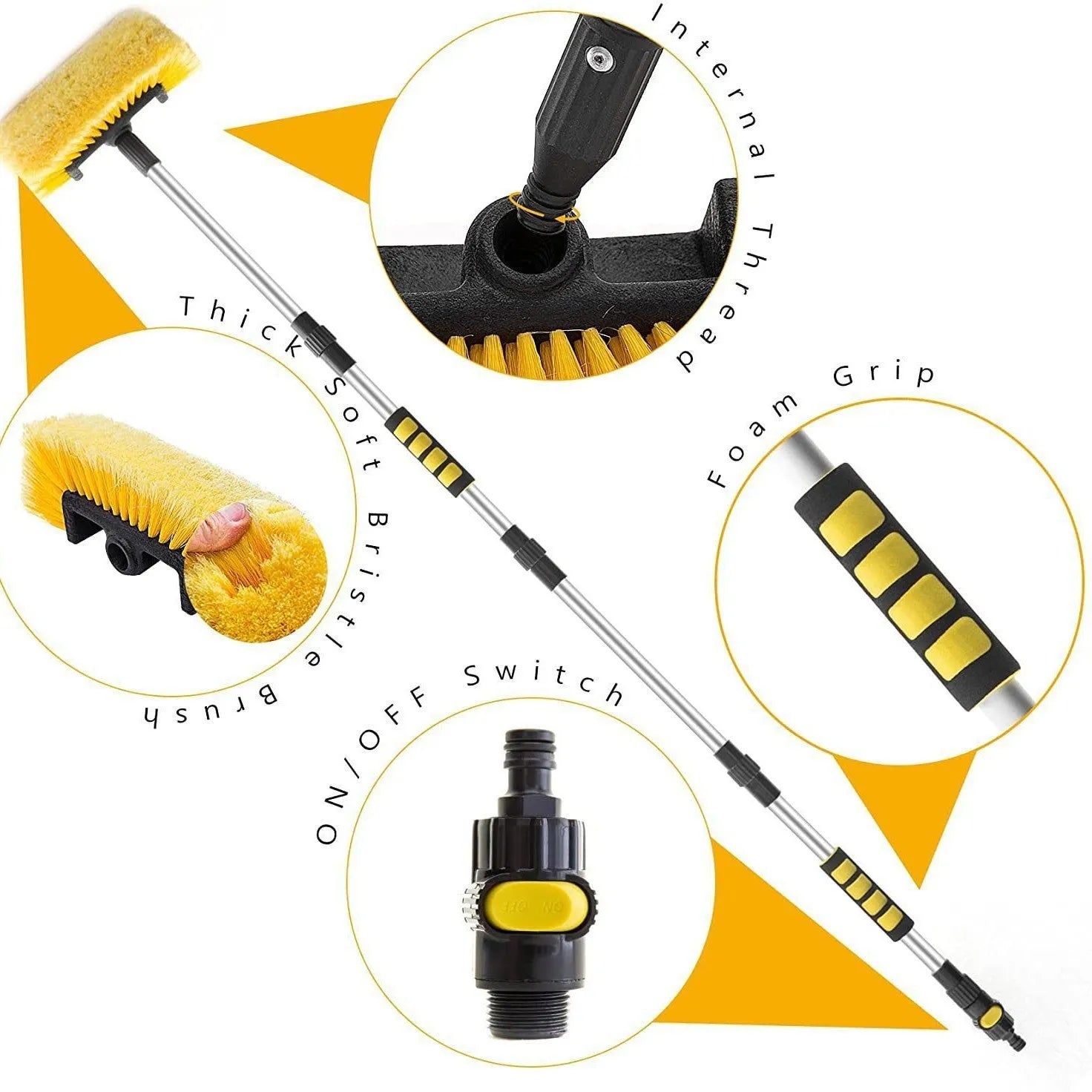 Portable car wash brush with telescopic rod and removable flow-through brush head in multiple colour options
