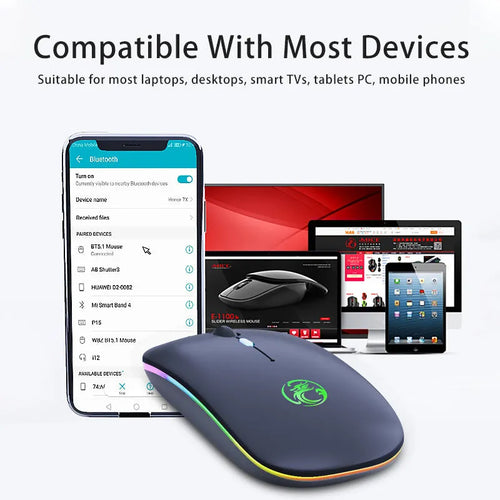 Black and white rechargeable dual-mode wireless mouse with silent buttons on a desk.