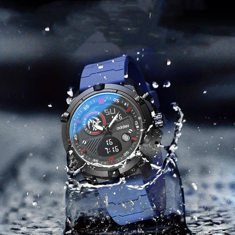 Men's sports luminous digital watch with 46mm round dial, silicone strap, and mineral glass face in black colour