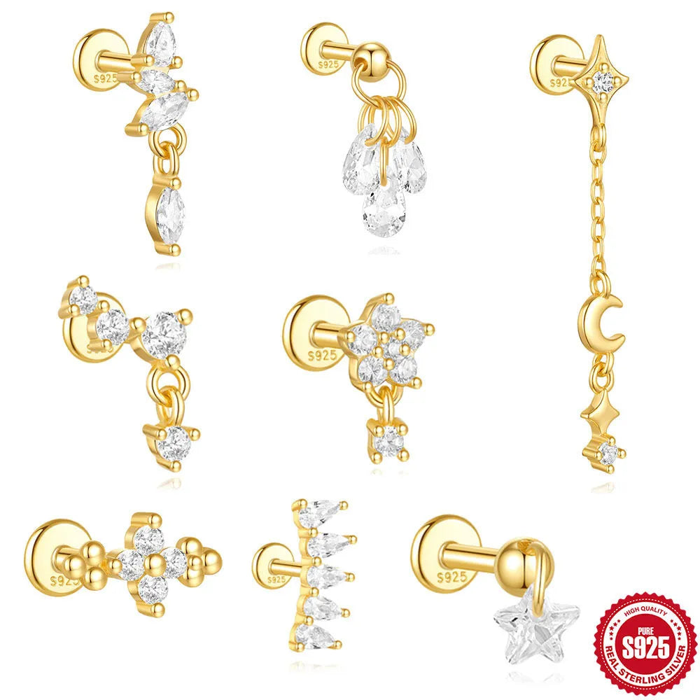 S925 sterling silver moon and star earrings with embedded diamond accents in a gold colour finish.