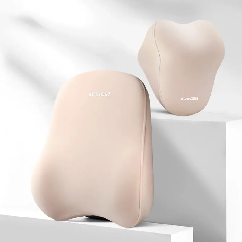 Automotive headrest and lumbar support pillow set in beige, black, and grey colour options