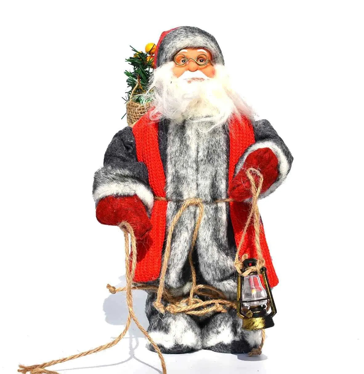 30cm Christmas doll ornament with plastic and cloth construction in red and silver sequins and snowman designs
