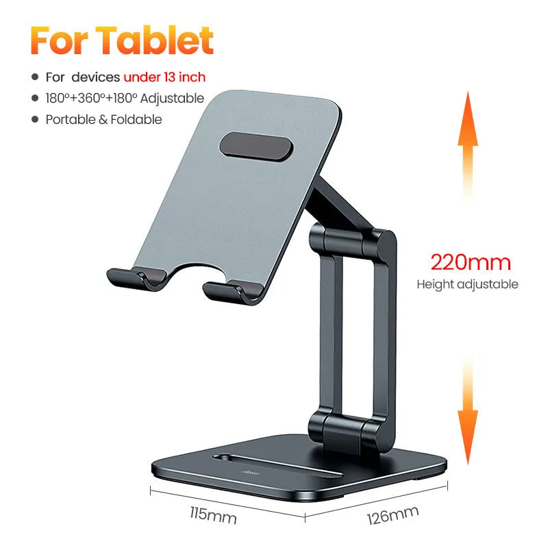 Deep space grey aluminium folding stand holding a tablet at an angle.