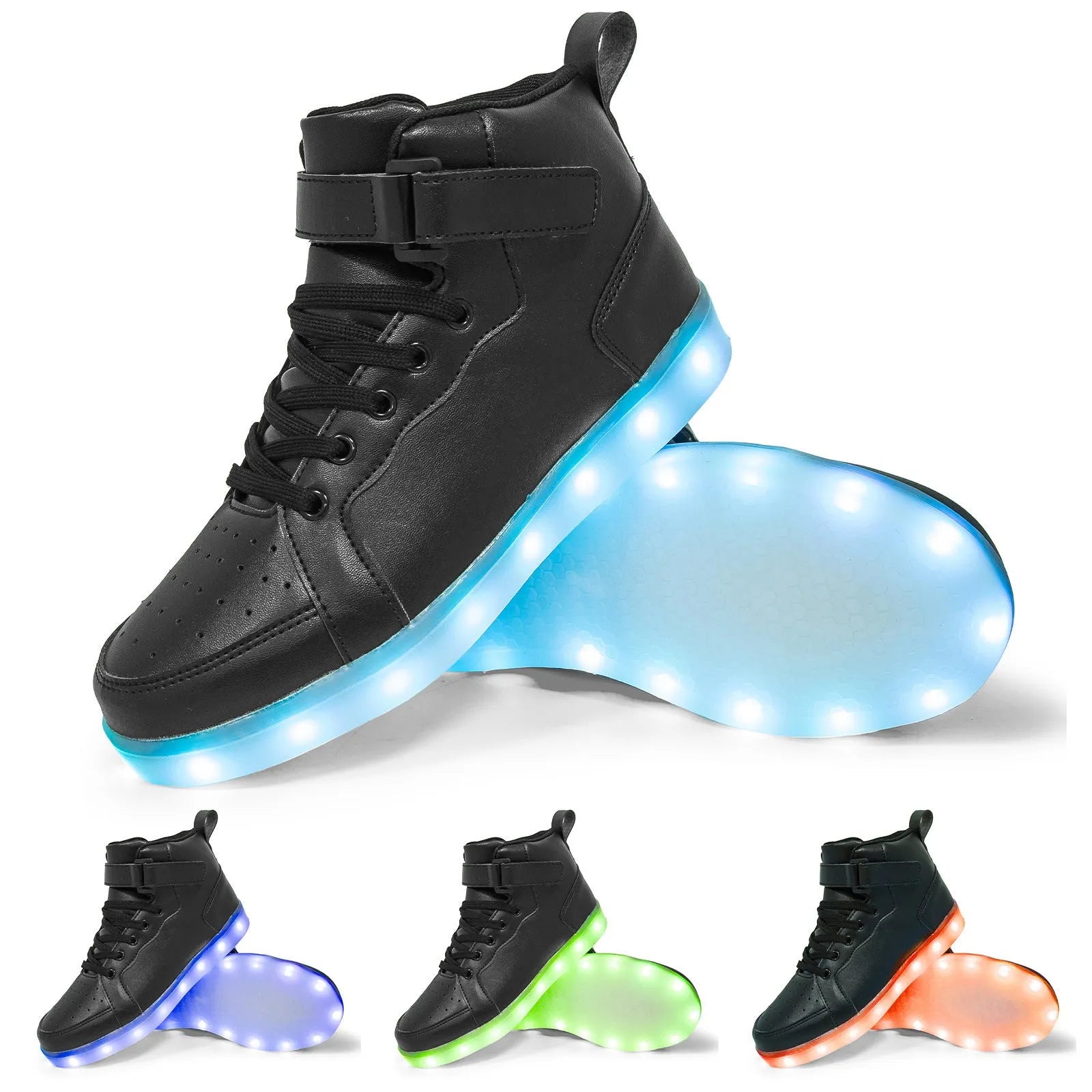 Black high-top LED sneakers with Velcro strap and lit-up soles on a dark background.