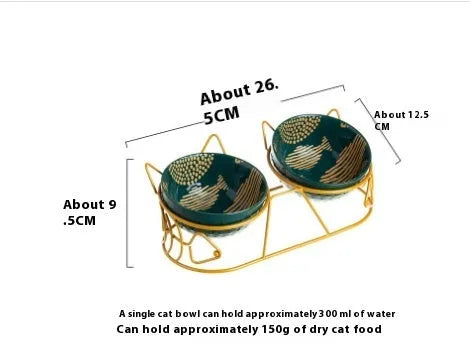 Ceramic double cat bowl set with fixed tilted stand, 26.5 x 12.5cm, 300ml bowls in white with gold cat ear stand