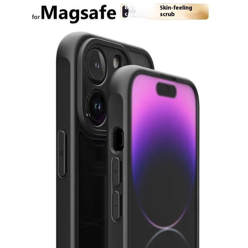 Black magnetic suction phone case for Apple iPhone 12 to 16 series with frosted skin finish