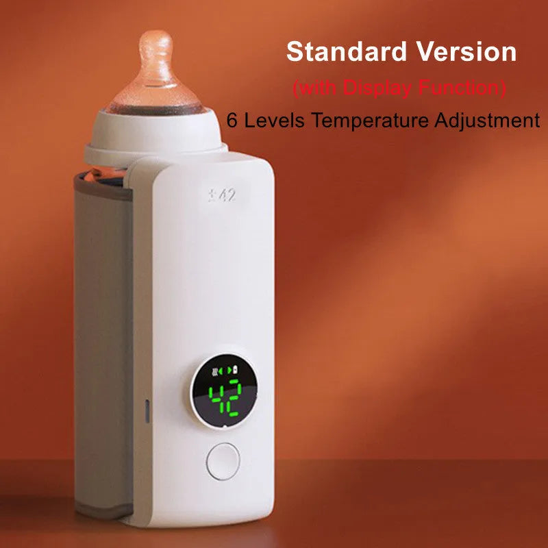 Portable wireless baby bottle warmer with USB charging cable showing wrap-around non-woven design