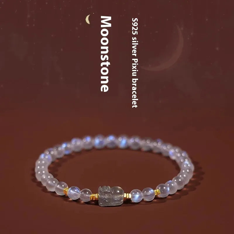 Moonstone women's bracelet with Chinese zodiac animal charms and polished beads in national style jewellery