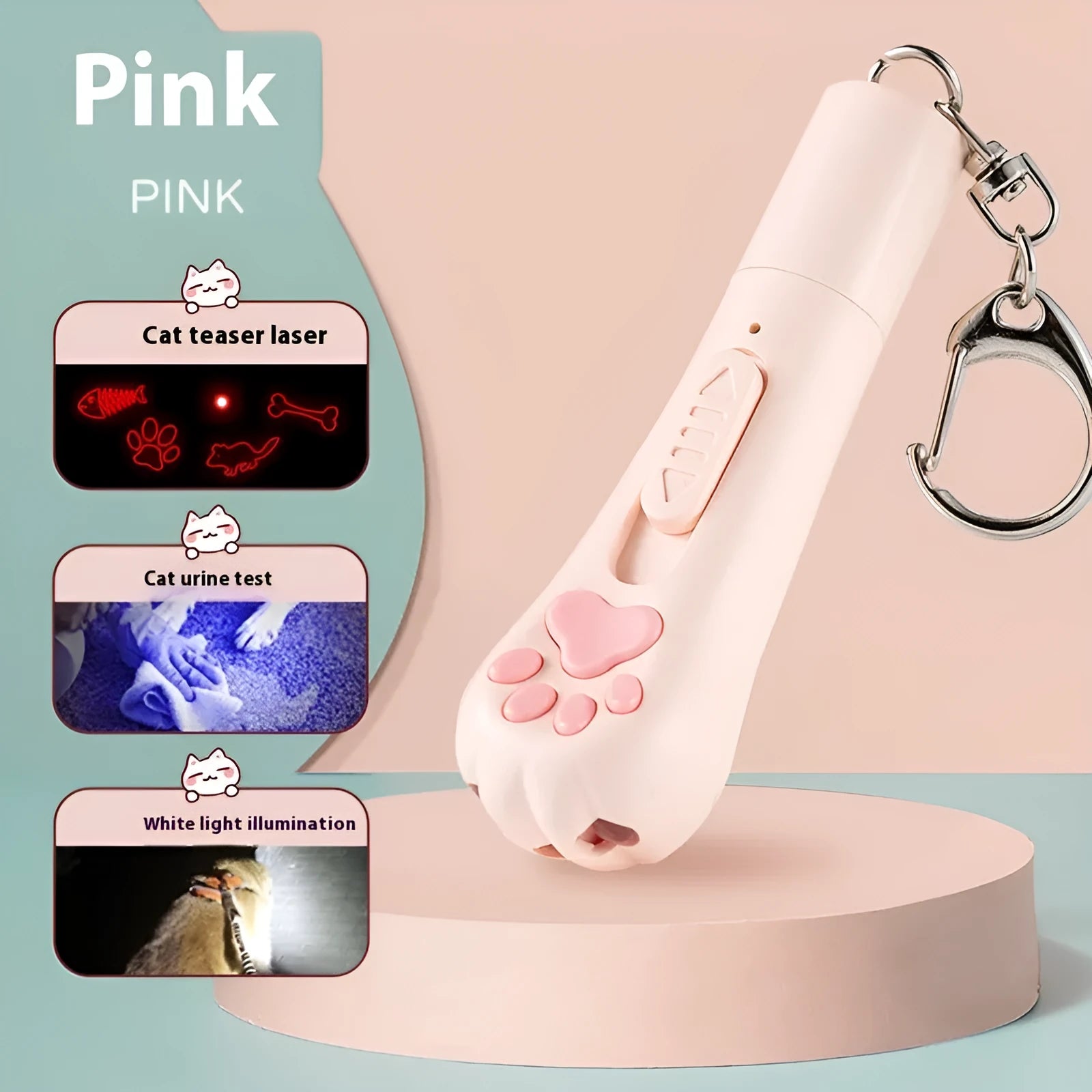 USB-rechargeable cat teaser wand with LED light and colourful feather in sky blue colour