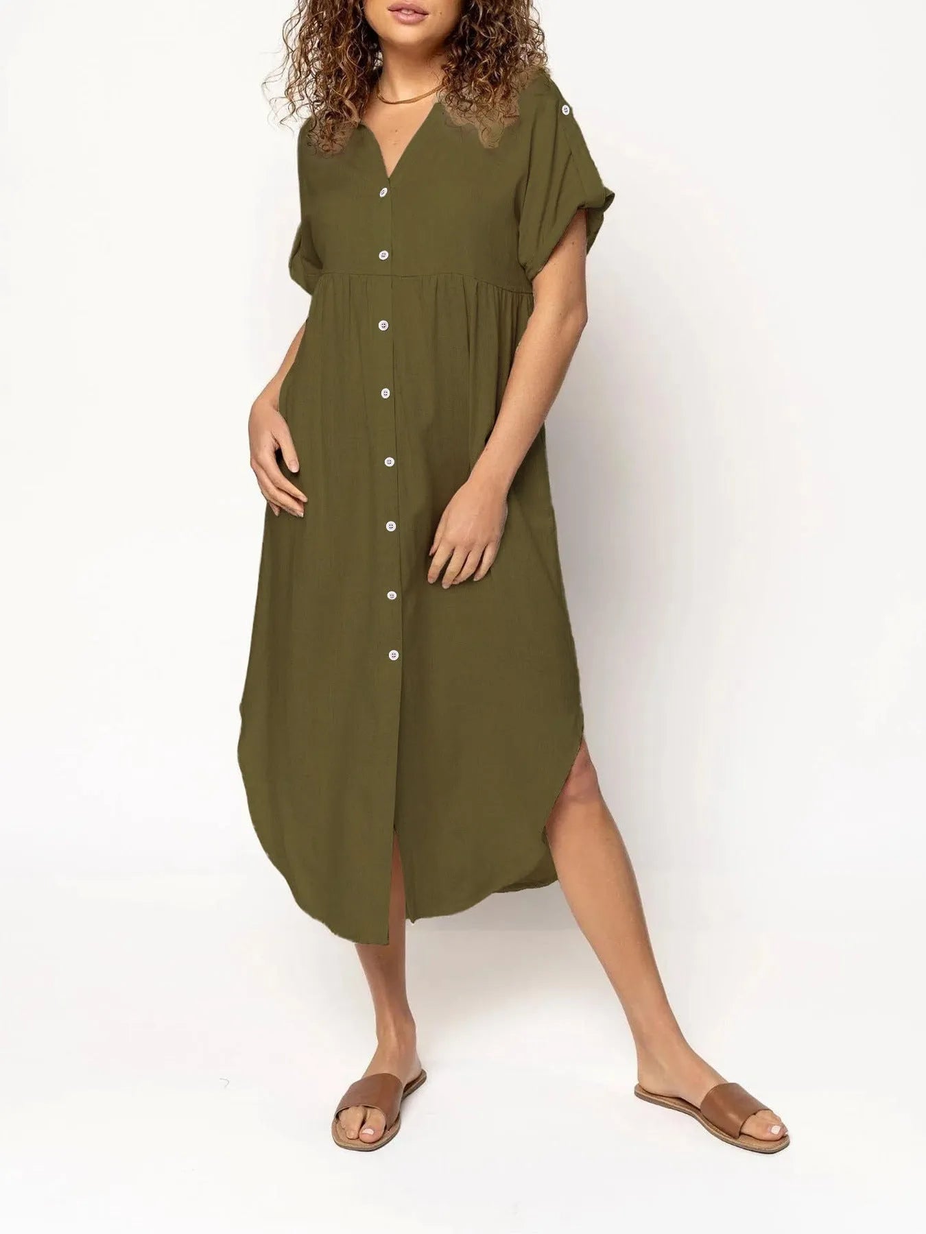Mid-length casual dress with button front in solid colour, Japanese Korean style with regular sleeves