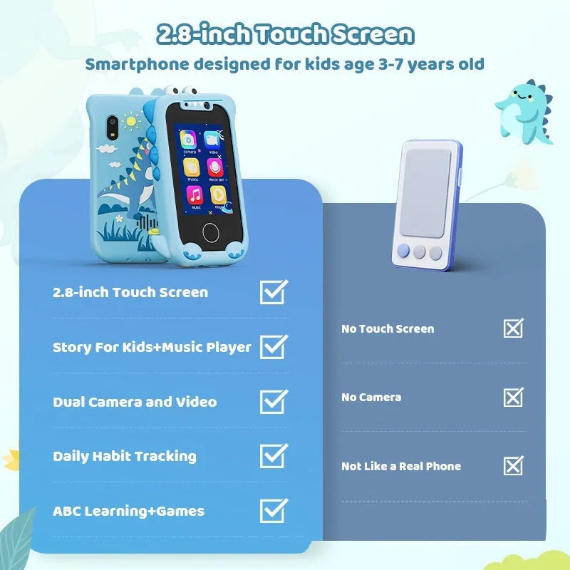 Blue educational toy mobile phone with silicone case showing touch screen and camera functions