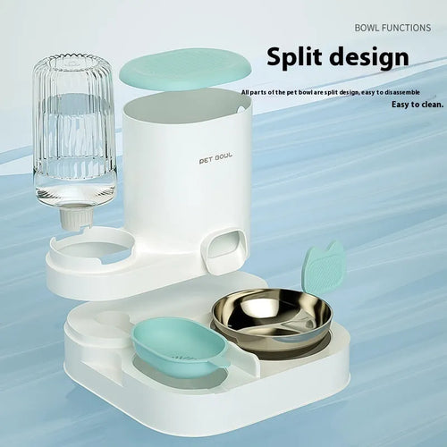 Automatic cat feeding and drinking fountain with stainless steel bowls in compact 27cm design