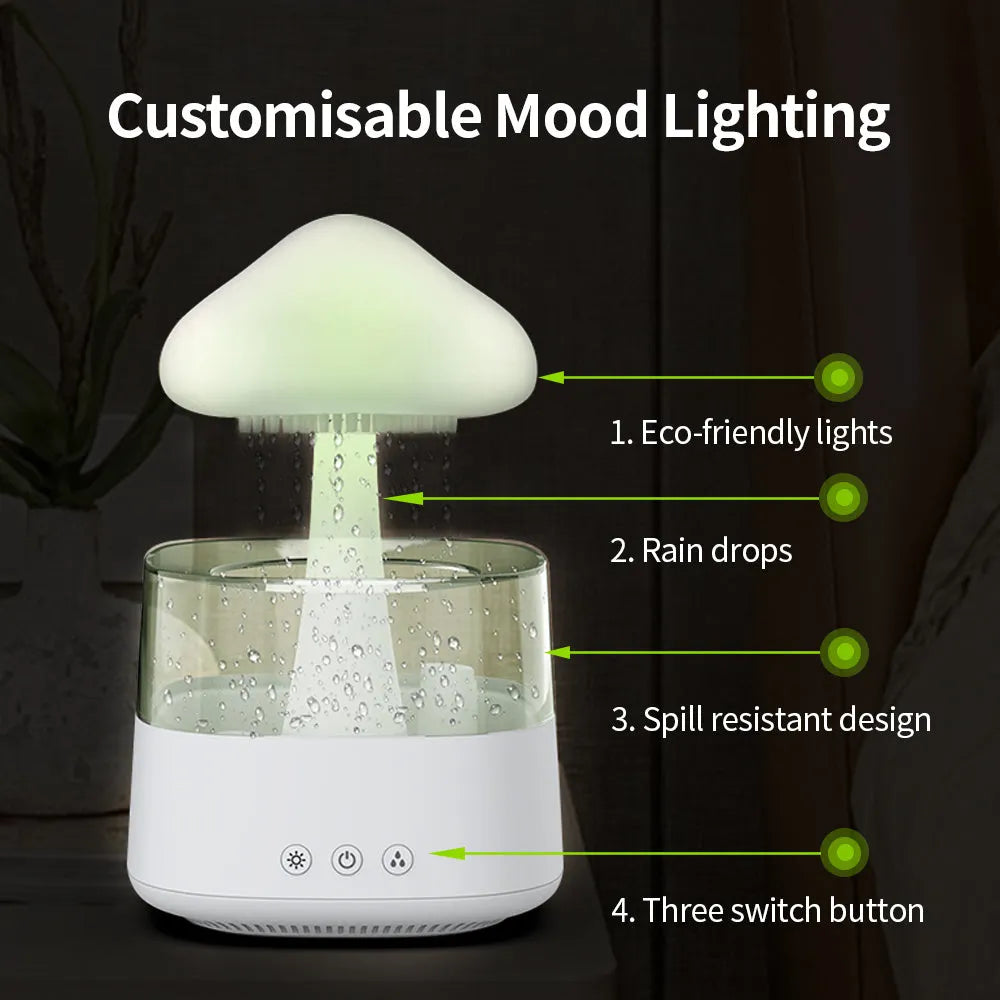 Desk humidifier with raining cloud night light effect and aromatherapy function in wood grain finish