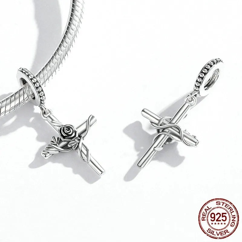 925 silver rose cross pendant on white background showing vintage faith design with 2.7cm height and 1.3cm width