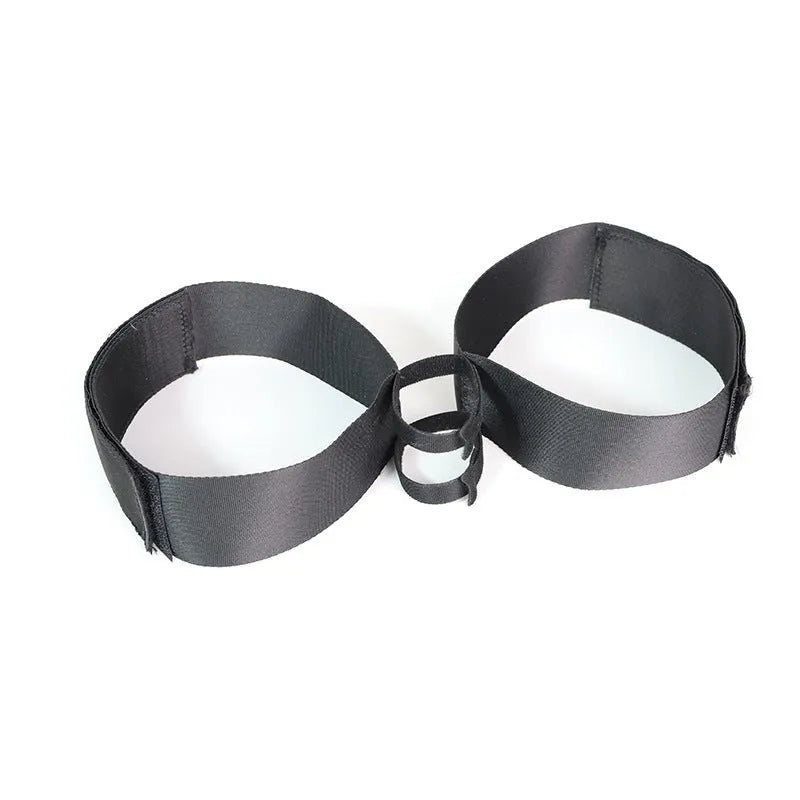 Black adult toy strap with adjustable knitted belt for hands-free intimate stimulation