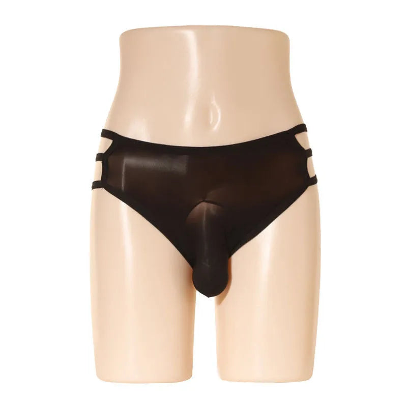 Men's transparent nylon elephant nose shorts in a free size fit on a mid-waist