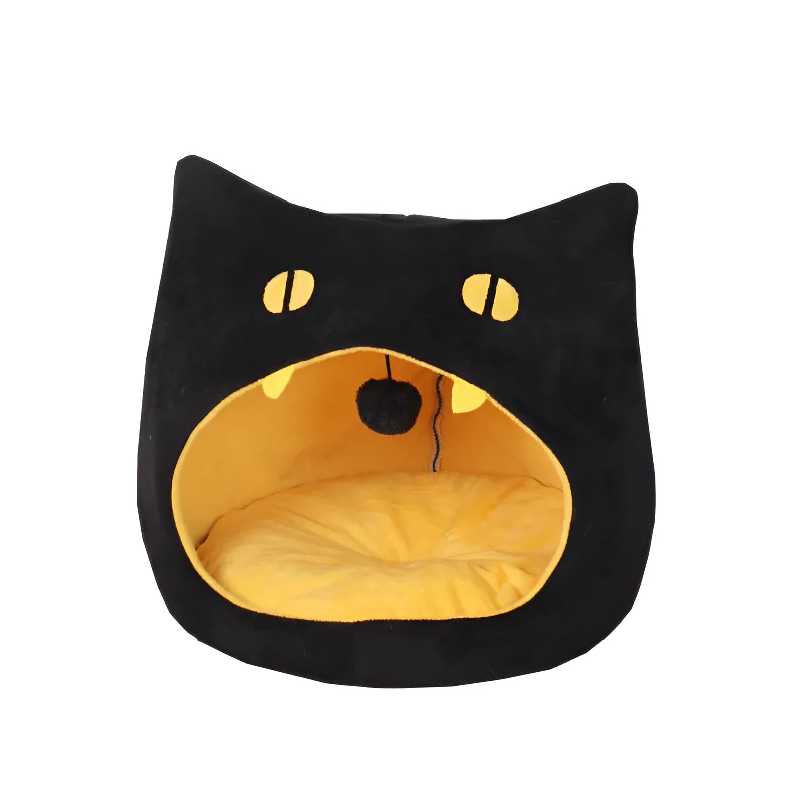 Grey cat-shaped covered pet bed with a removable cushion, shown on a wooden floor.