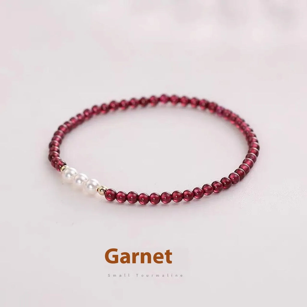 Women's garnet crystal bracelet with artificial pearls in 3mm or 4mm bead sizes