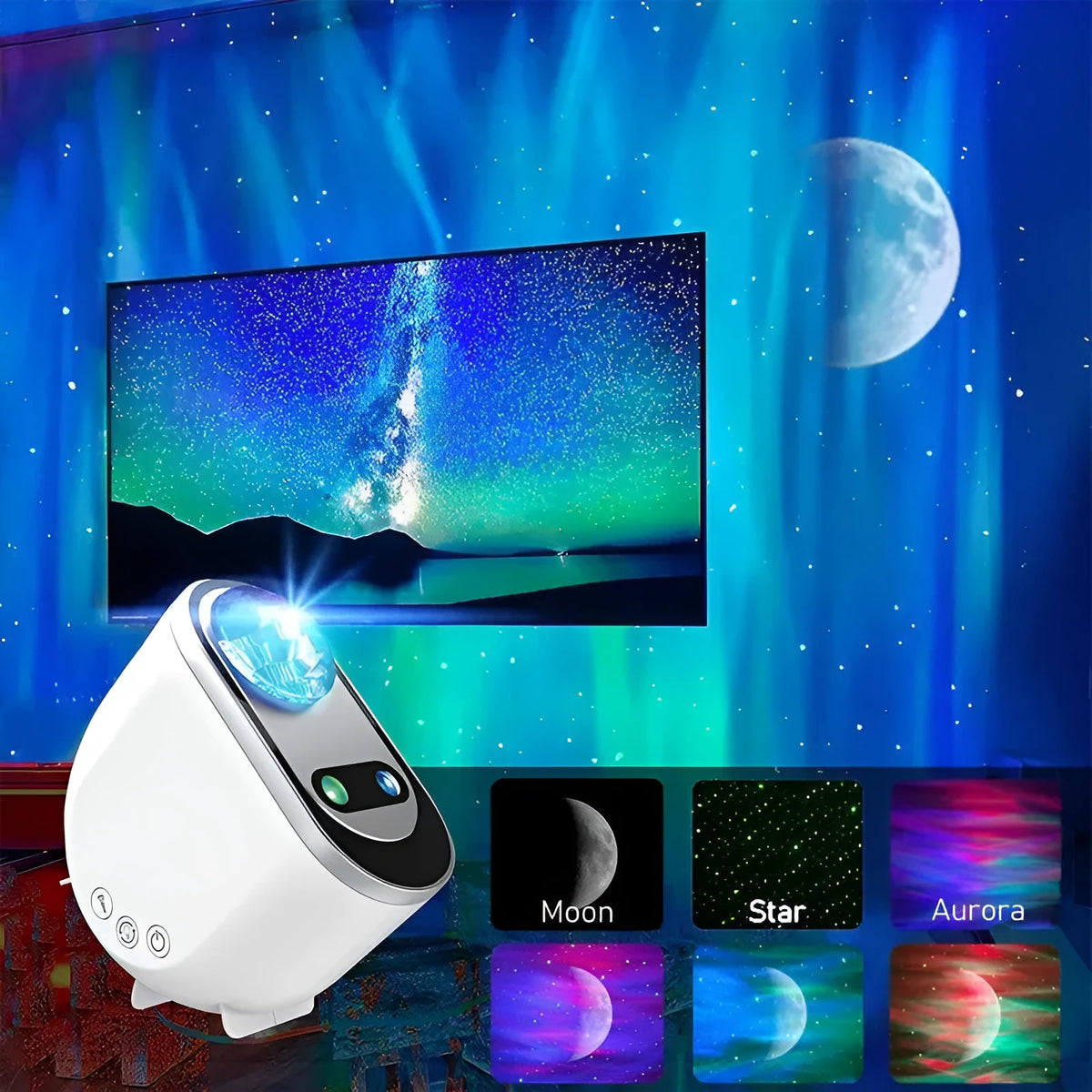 Aurora Borealis star projector lamp with remote control, white ABS body, projecting green stars and Northern Lights
