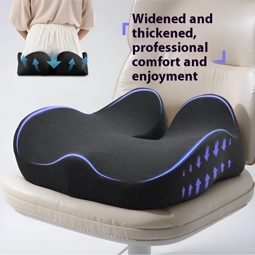 Light grey memory foam office chair cushion with non-slip backing on a desk chair.